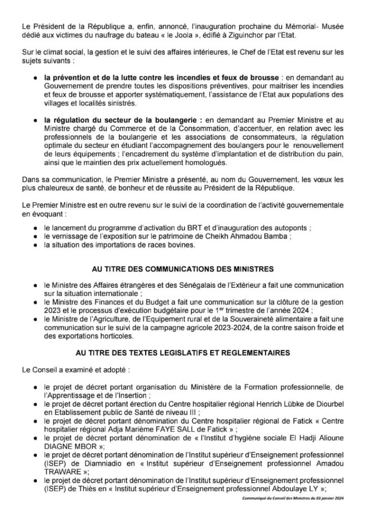 Communique Du Conseil Des Ministres Du Mercredi Janvier