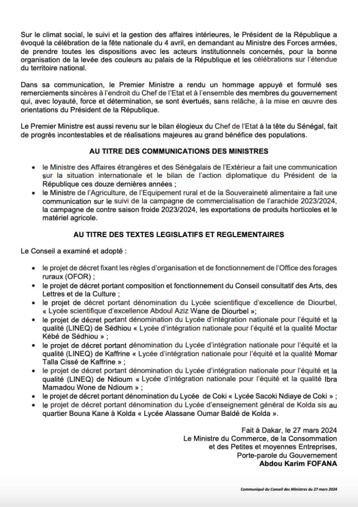 Communiqué Conseil Des Ministres Du Mercredi 27 Mars 2024 – SenCaféActu